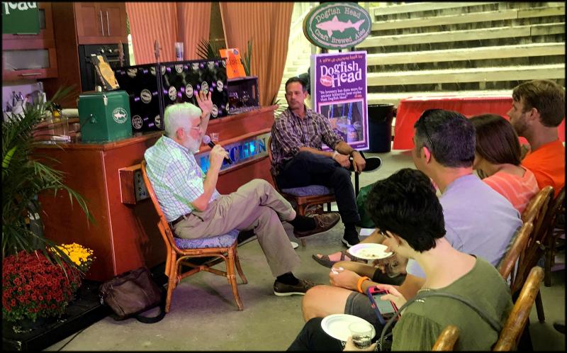 Patrick McGovern, left, and Sam Calagione discuss Ancient Ales and Extreme Brewing at the Baltimore Book Festival. JACK CLEMONS PHOTO
